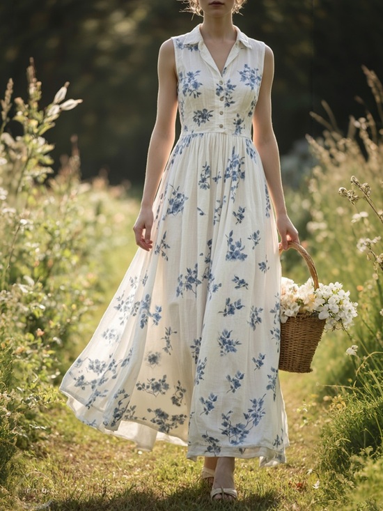 Linen Vibes Dresses & Skirts - NWT Ramie Cotton Sleeveless Blue Floral Corset Buttoned Maxi Dress
